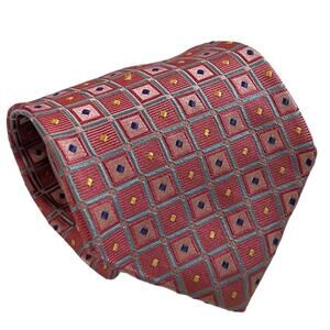 Tommy Hilfiger Two Tone Pink Blue Yellow Lattice Geometric Striped Silk Tie